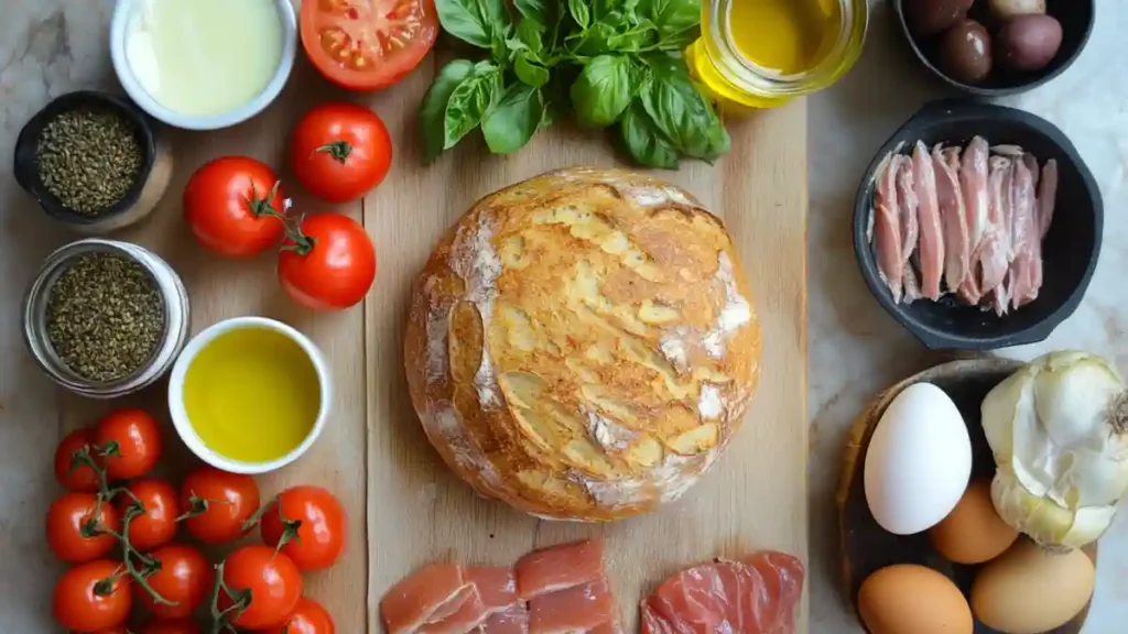 Ingrédients traditionnels du Pan Bagnat Niçois.