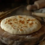 Pain pita maison fraîchement cuit sur une planche en bois.