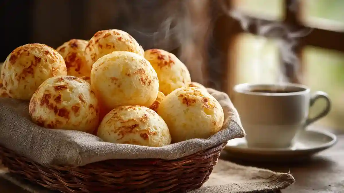 Panier de pão de queijo brésiliens dorés servis avec un café chaud sur une table rustique