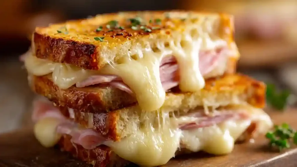 Croque-monsieur maison coupé en deux avec fromage fondant, pain grillé doré et jambon visible sur fond rustique.