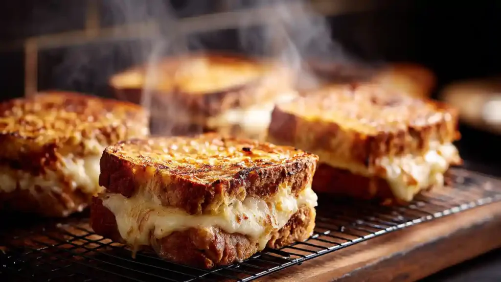 Croque-monsieur chaud et doré reposant sur une grille après cuisson, avec fromage fondant.