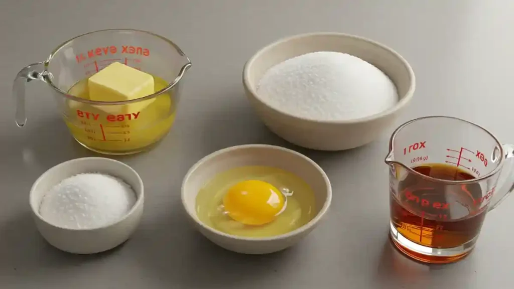 Ingrédients de la sauce au bourbon pour pudding au pain : œuf, sucre, beurre fondu et bourbon