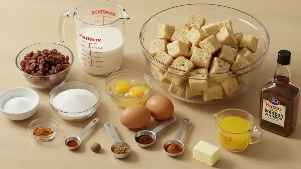 Ingrédients pour un pudding au pain maison avec raisins secs, pain en cubes, œufs, lait, épices et bourbon