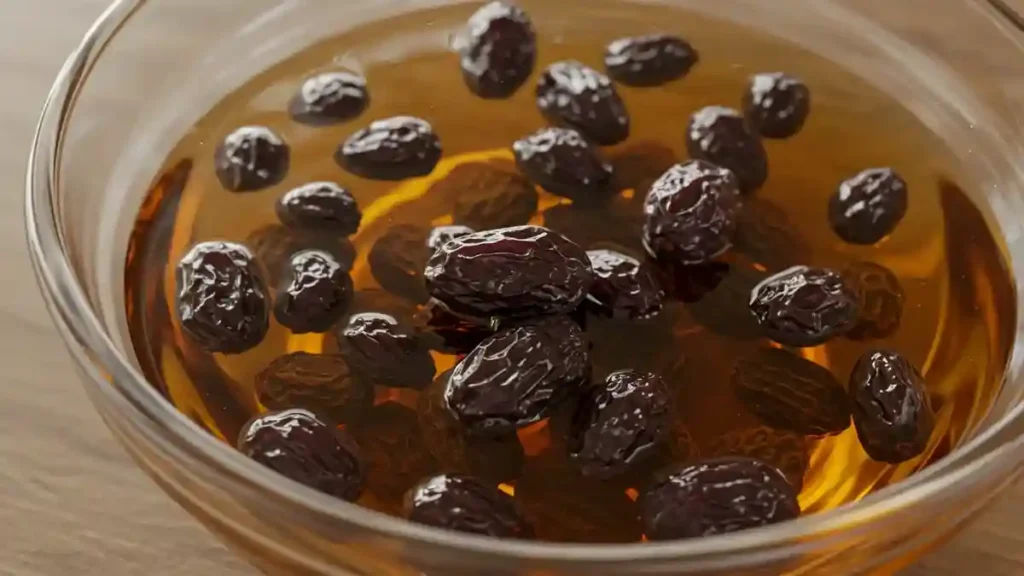 Raisins secs trempés dans du bourbon pour la préparation du pudding au pain