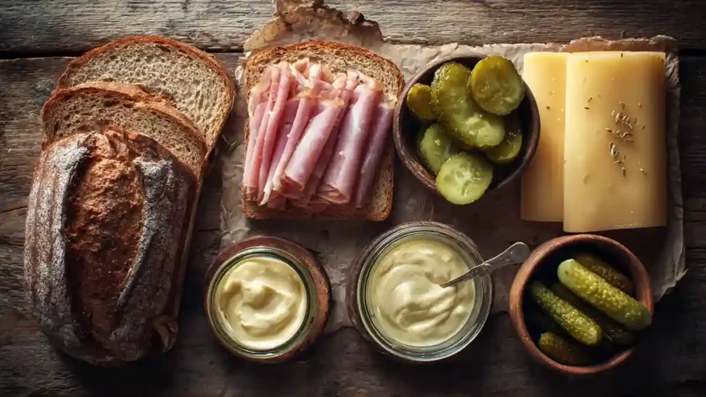 Ingrédients pour croque-monsieur : pain rustique, jambon, fromage, moutarde, mayonnaise et cornichons disposés sur une table en bois.