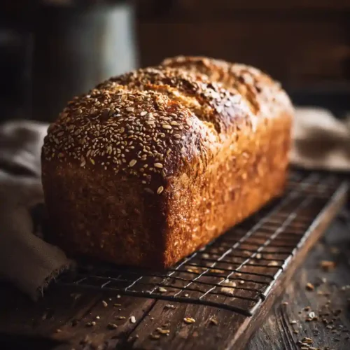 Pain aux céréales maison tout juste sorti du four, doré et croustillant avec graines et flocons d’avoine.