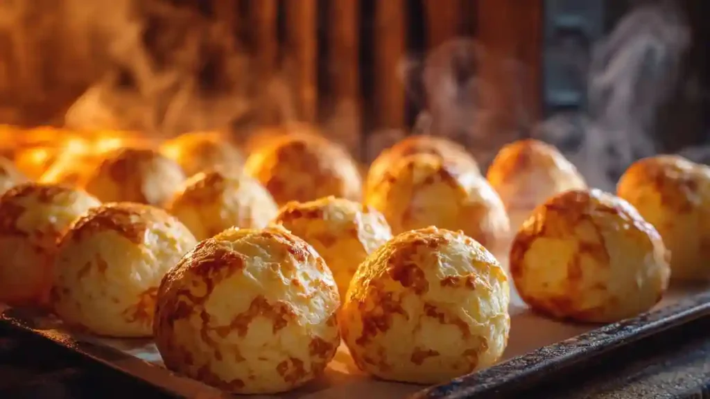 Petits pains de queijo brésiliens en train de cuire au four jusqu’à obtention d’une belle couleur dorée