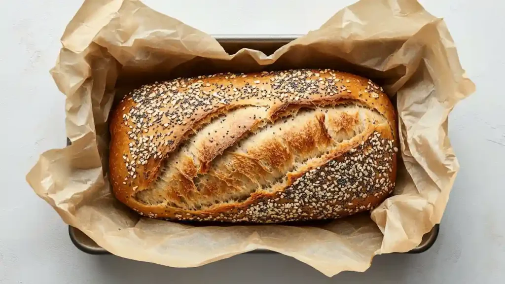 Pain au sarrasin cuit dans un moule, décoré de graines, vu de dessus