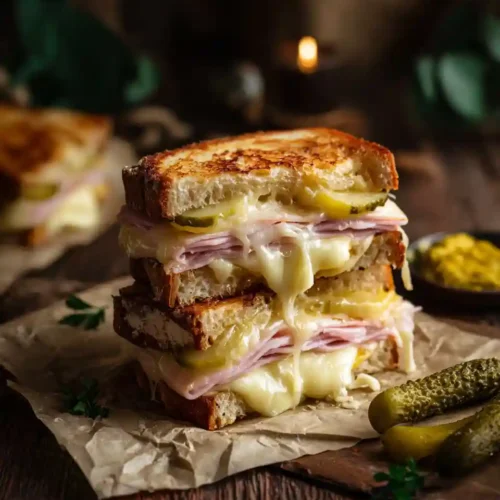 Croque-monsieur maison coupé en deux avec fromage fondant, pain grillé doré et jambon visible sur fond rustique.