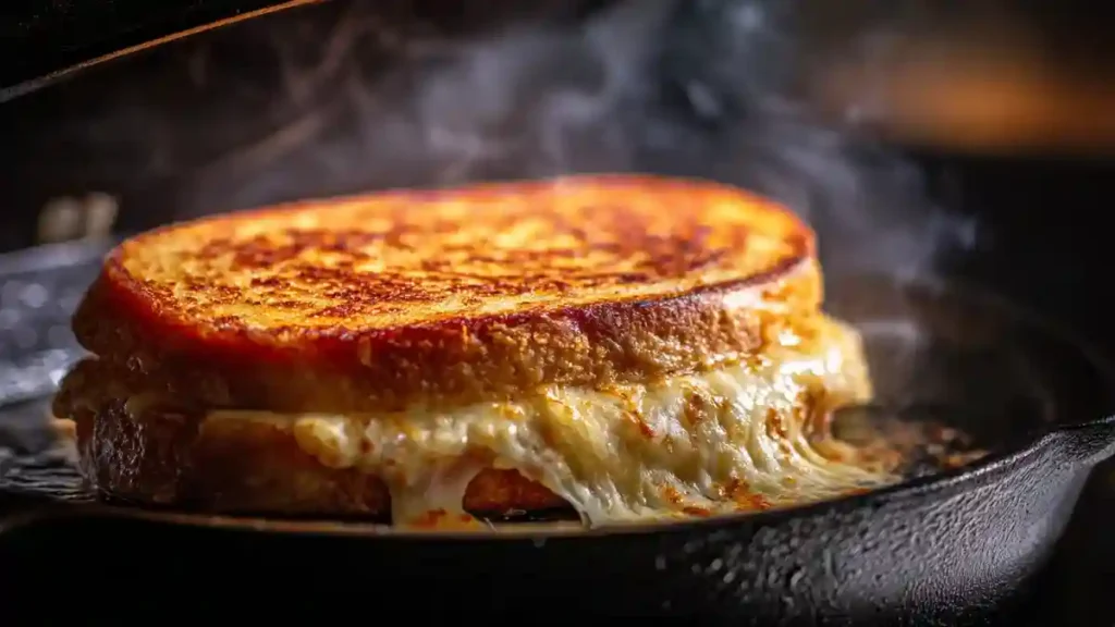 Croque-monsieur en cours de cuisson dans une poêle, pressé avec une cocotte en fonte pour bien le dorer.