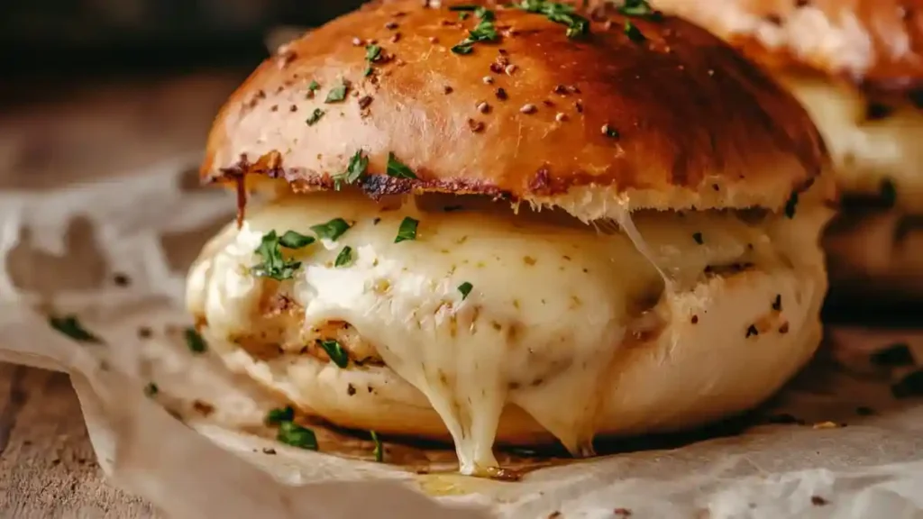 Petit pain fourré au fromage fondant et aux herbes, tout juste sorti du four