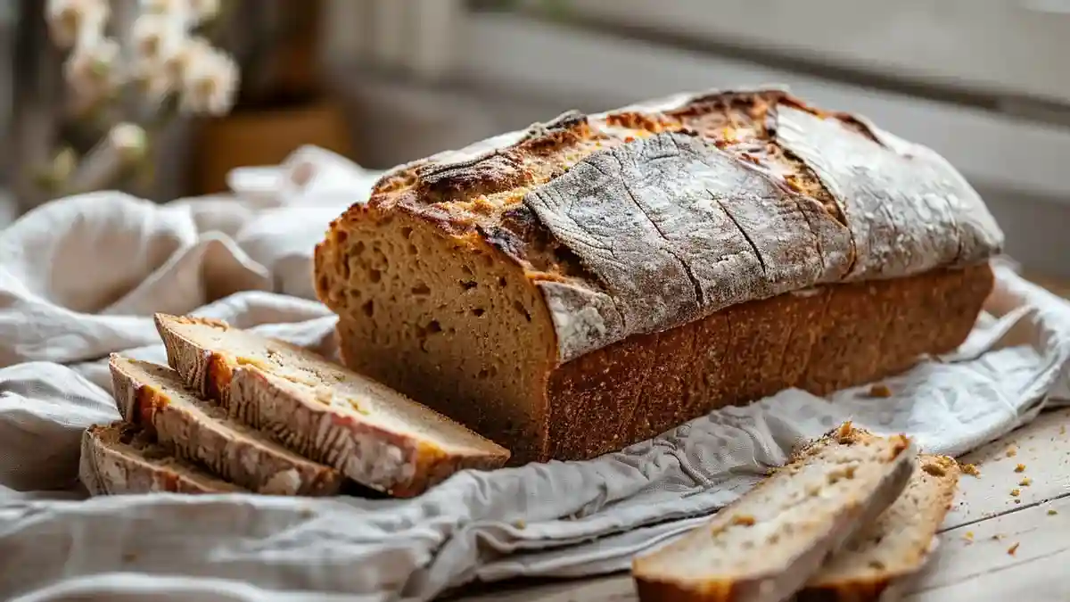 Pain sans gluten maison moelleux et doré sur une planche rustique