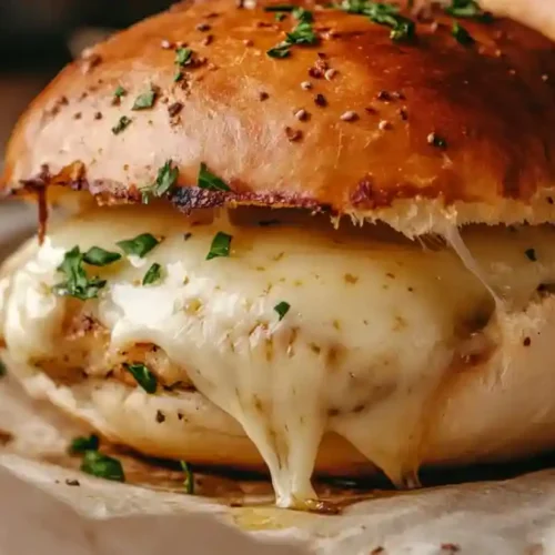 Petit pain fourré au fromage fondant et aux herbes, tout juste sorti du four