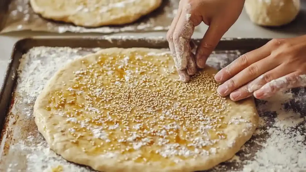 Façonnage d’une kesra avec graines de sésame avant cuisson