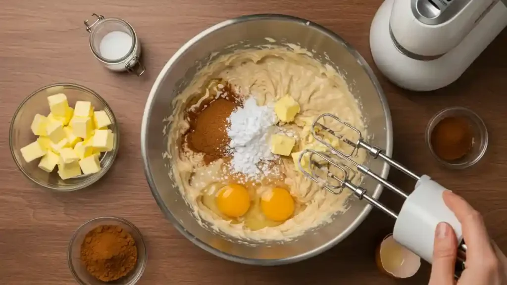 Préparation de la pâte à cougnou avec œufs, beurre, cannelle et levure dans un grand saladier
