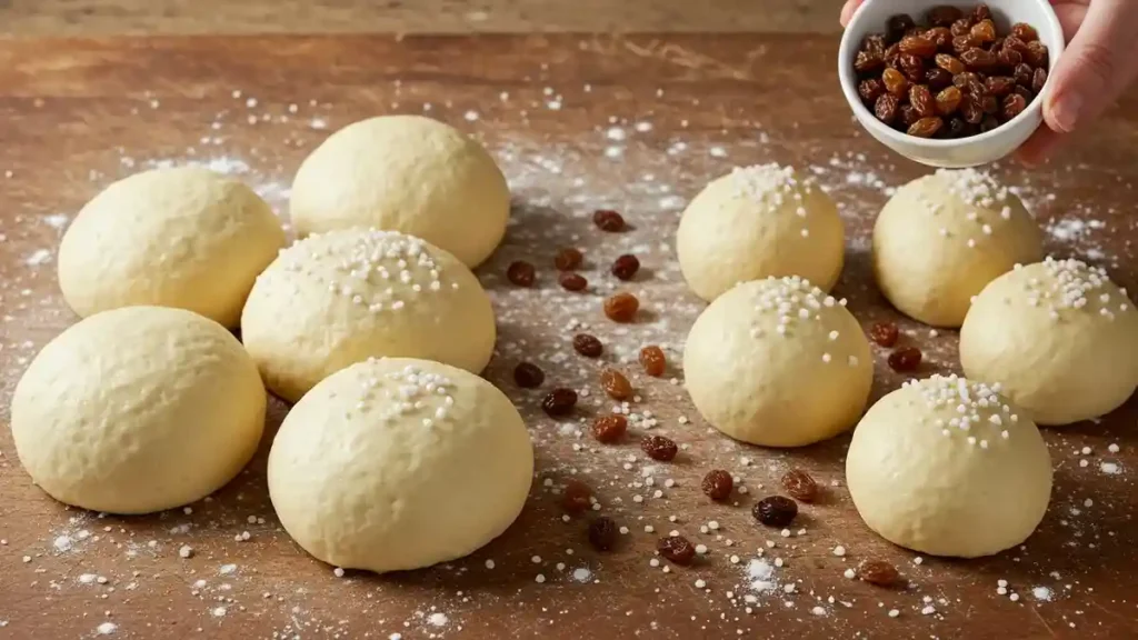 Boules de pâte à cougnou façonnées et décorées de sucre perlé, prêtes à être garnies de raisins