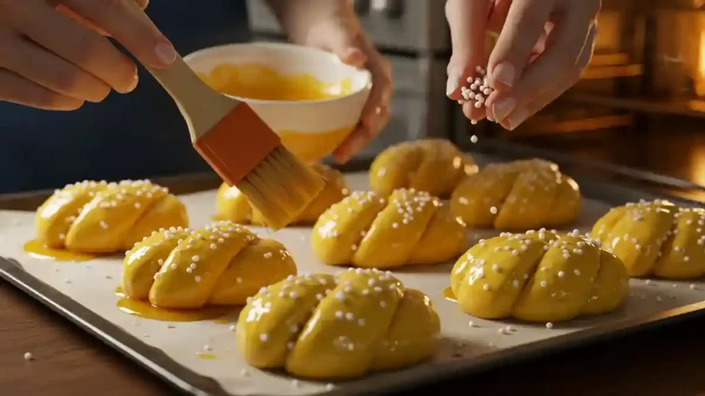 Dorure des cougnous au jaune d’œuf et ajout de sucre perlé avant cuisson