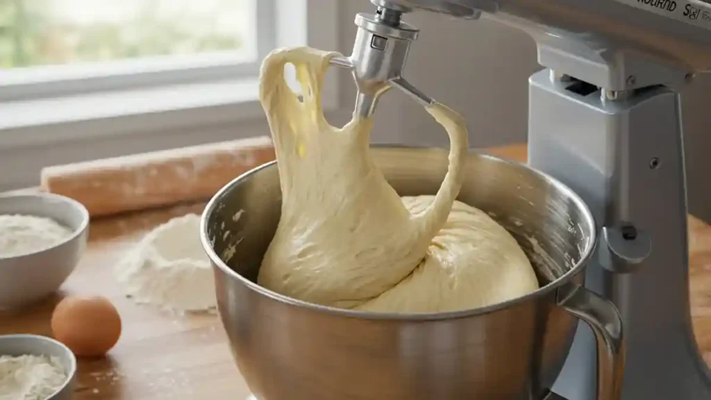 Pâte à pain brioché moelleuse en cours de pétrissage dans un robot pâtissier
