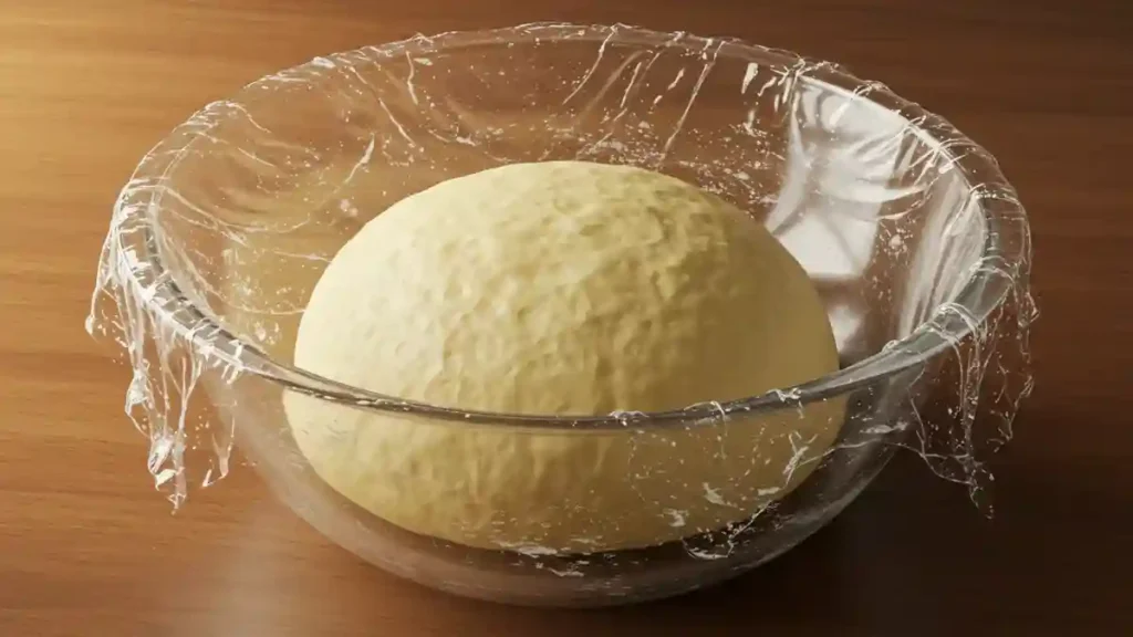 Pâte à pain burger brioché en pousse dans un saladier couvert de film alimentaire