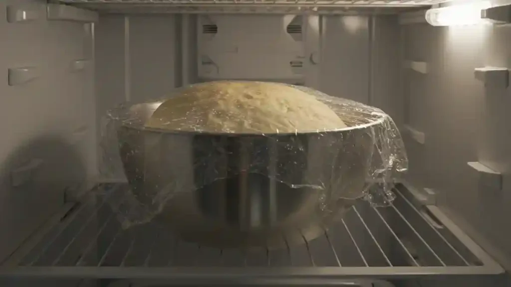 Pâte à pain burger brioché en pousse lente au réfrigérateur dans un saladier couvert
