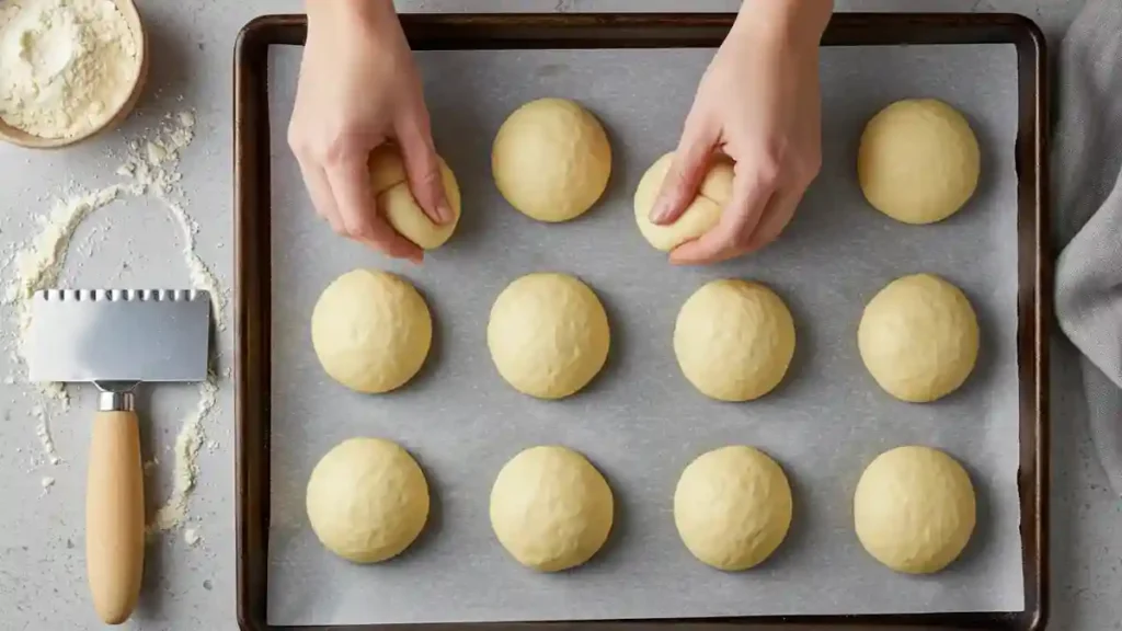 Façonnage des pains briochés à burger en boules sur une plaque de cuisson