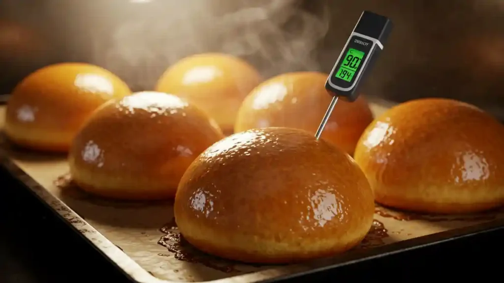 Pain burger brioché à la sortie du four, avec prise de température interne