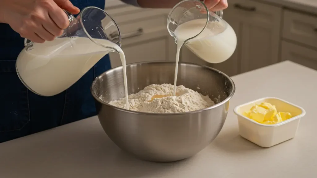 Préparation de la pâte pour brioche antillaise avec lait et farine dans un grand saladier