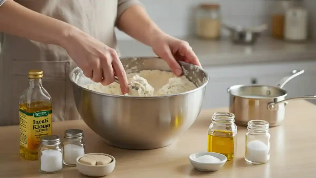 Préparation de la pâte à pain navette dans un saladier avec de l’huile, de la levure et du sel sur le plan de travail