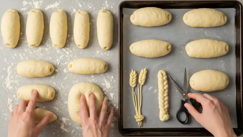 Façonnage de petits pains navette sur plan de travail fariné et préparation sur plaque de cuisson