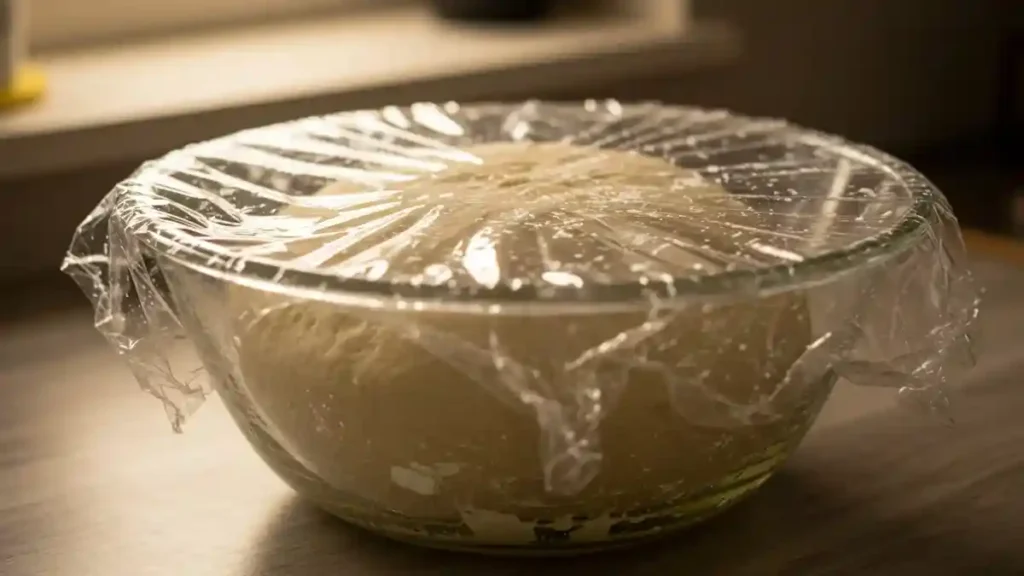 Pâte à petit pain fourré en train de lever sous film plastique