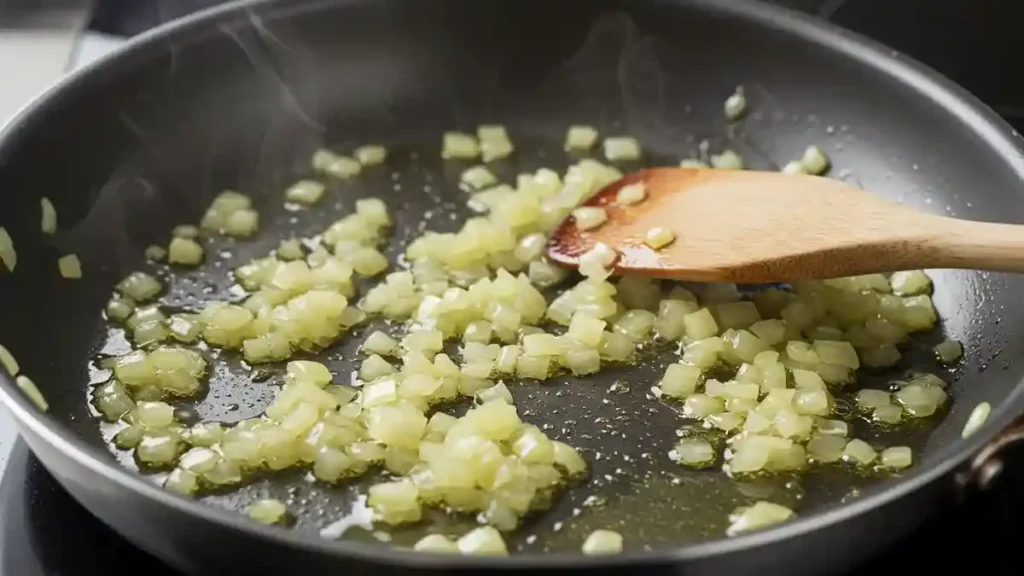 Oignons émincés en train de revenir dans une poêle pour garniture de petit pain fourré