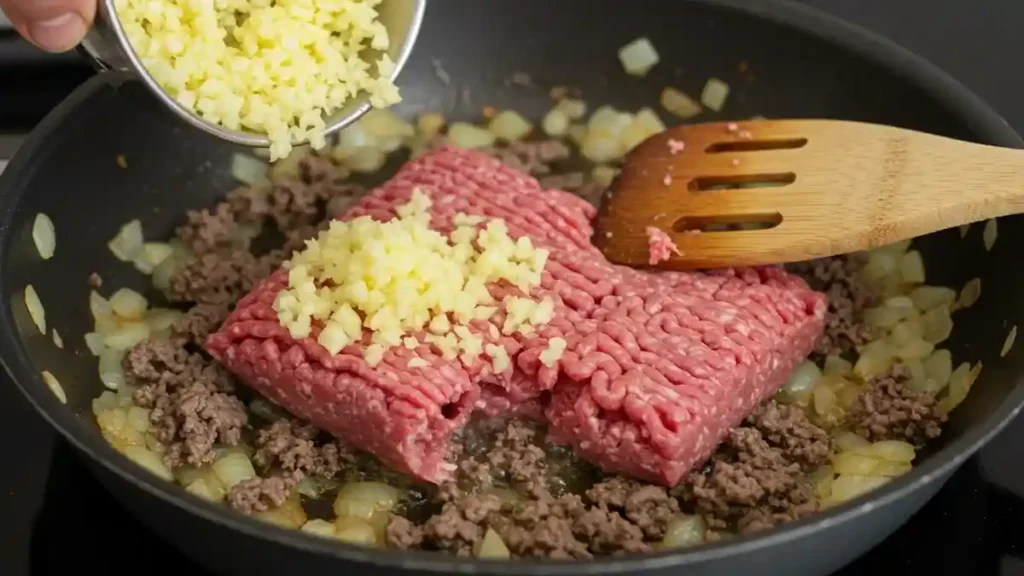 Viande hachée, oignons et ail en cuisson pour la farce de petit pain fourré