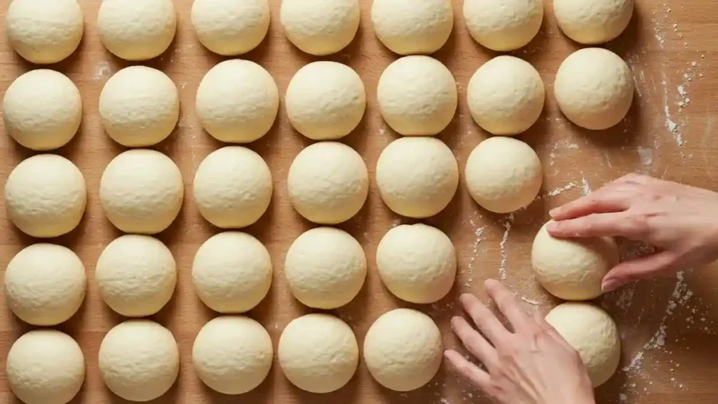 Boulettes de pâte alignées pour la préparation de petits pains fourrés maison