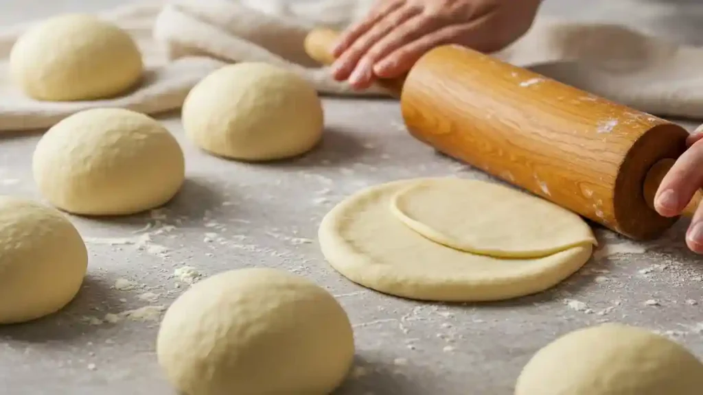 Boule de pâte étalée au rouleau pour la préparation de petit pain fourré
