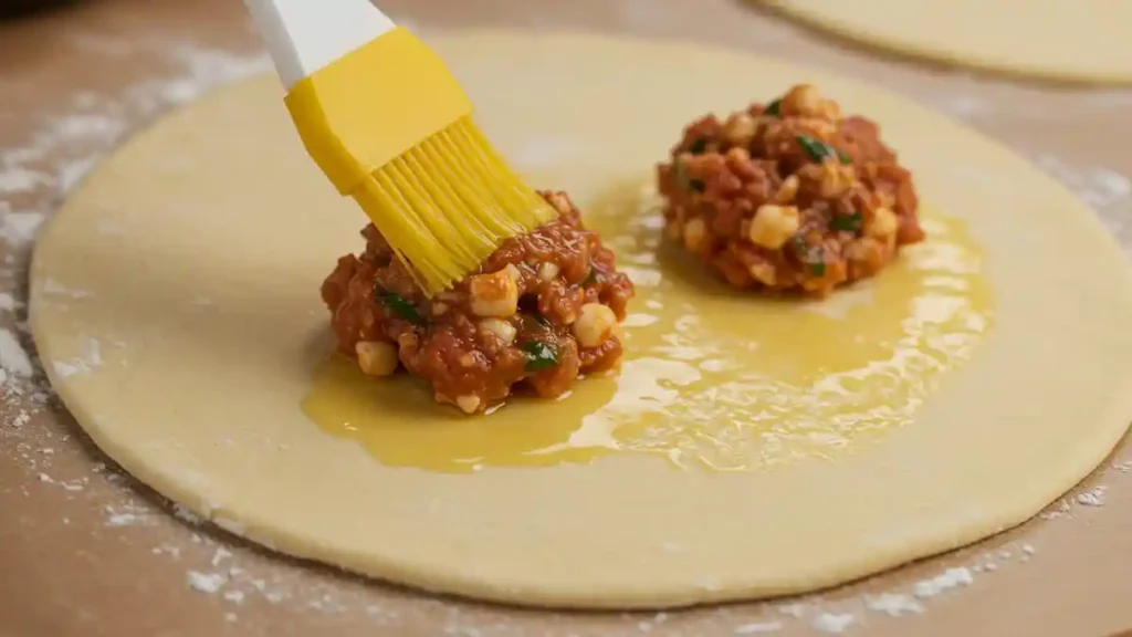 Garniture de viande déposée sur un disque de pâte pour former un petit pain fourré