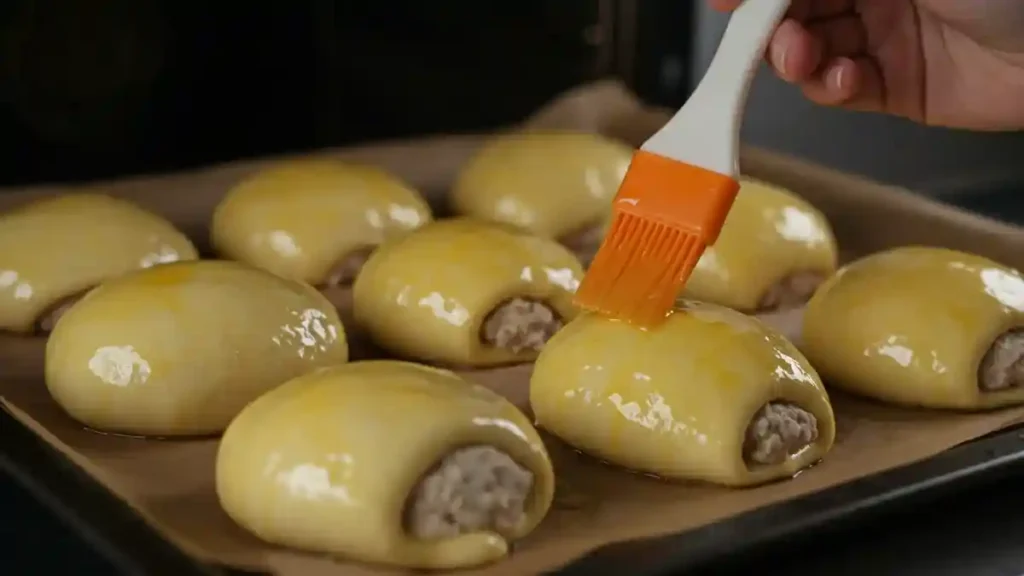 Petits pains fourrés badigeonnés de jaune d’œuf avant cuisson