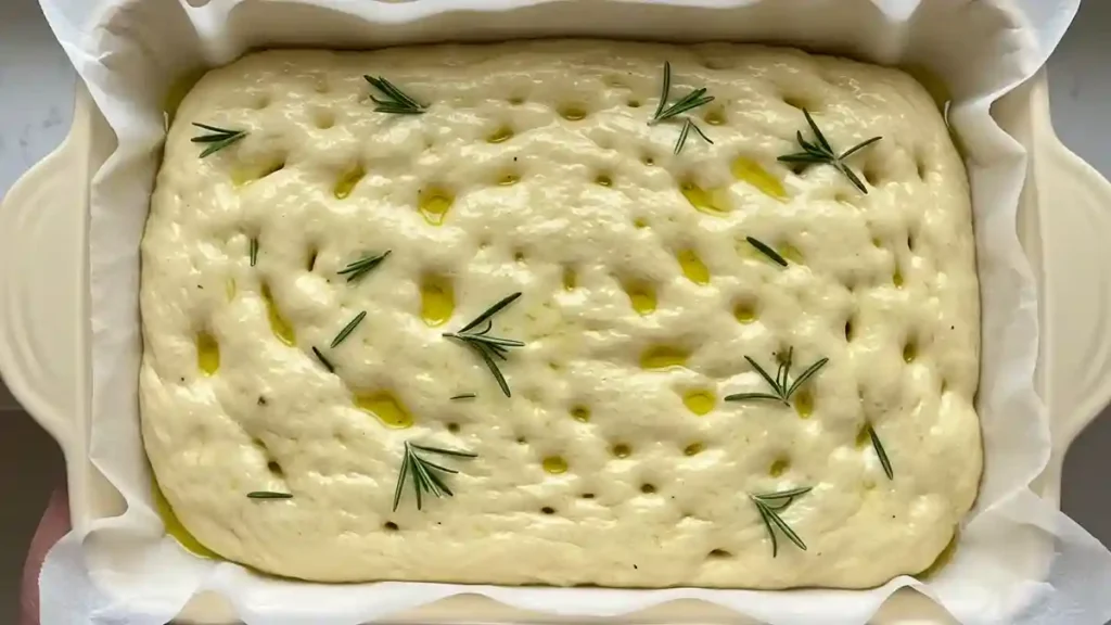 Pâte à focaccia levée, parsemée de romarin et huilée avant la cuisson