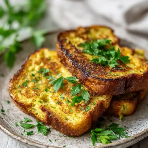 Deux tranches de pain perdu salé dorées, garnies de persil frais dans une assiette