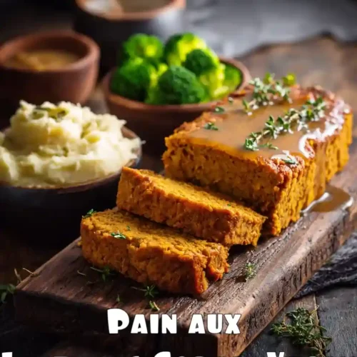Pain aux lentilles corail vegan moelleux tranché, servi avec purée et légumes