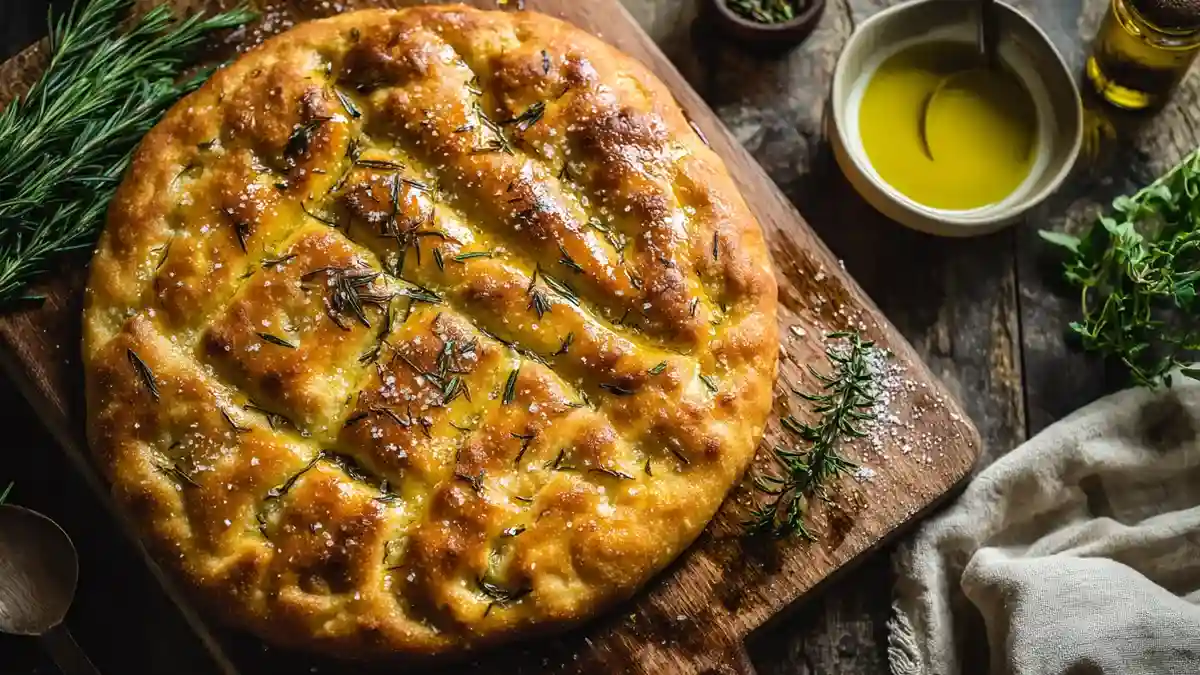 Schiacciata toscane croustillante à l’huile d’olive sur planche rustique