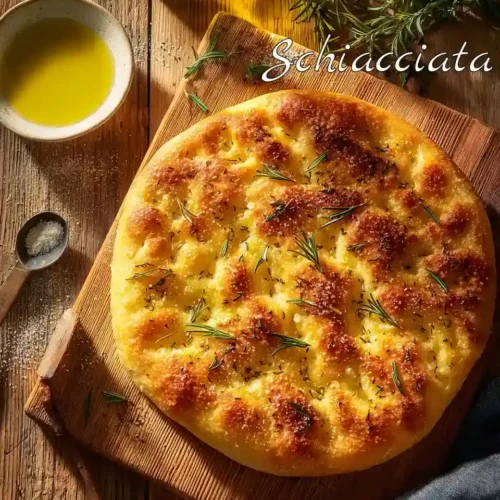 Schiacciata toscane croustillante à l’huile d’olive sur planche rustique