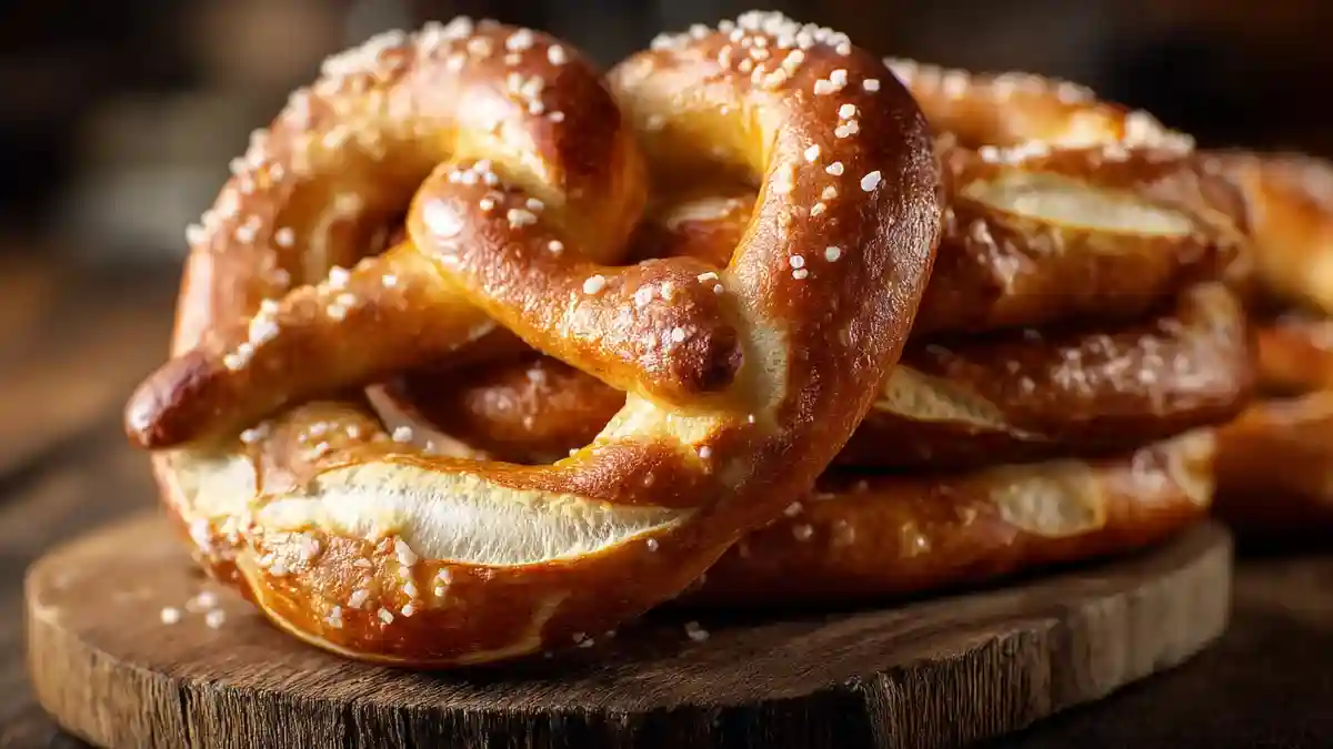 Bretzels moelleux et brillants avec gros sel sur planche en bois