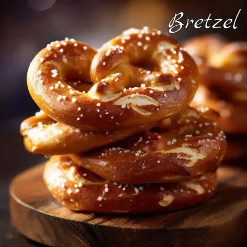 Bretzels moelleux et brillants avec gros sel sur planche en bois
