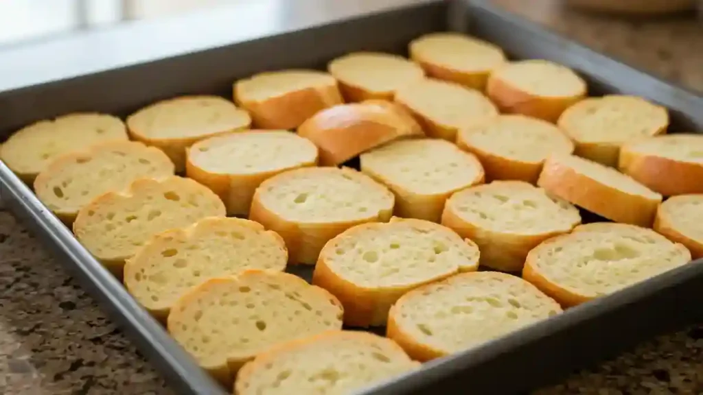 Tranches de pain disposées sur une plaque avant la préparation du pain perdu au four
