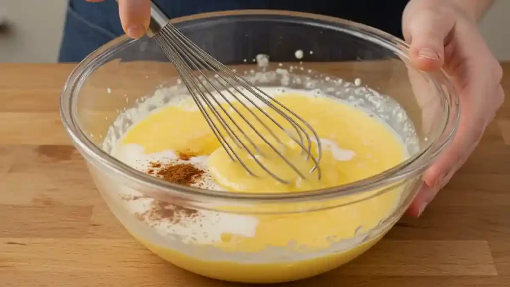 Préparation du mélange œufs, lait, sucre et cannelle pour pain perdu au four