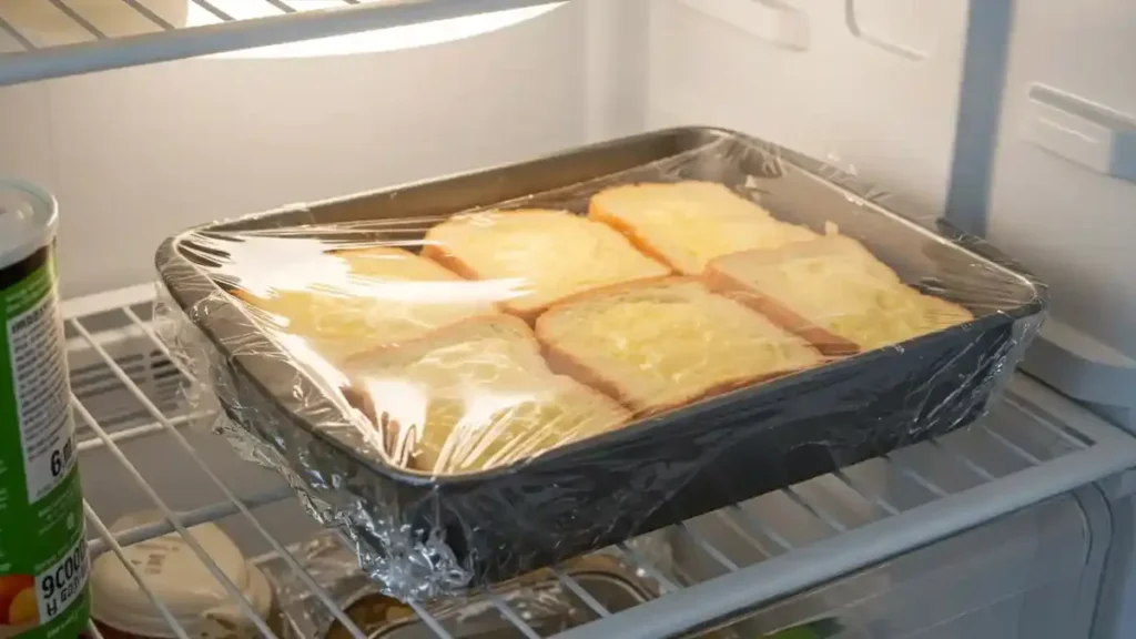 Plat de pain perdu couvert de film plastique reposant au réfrigérateur
