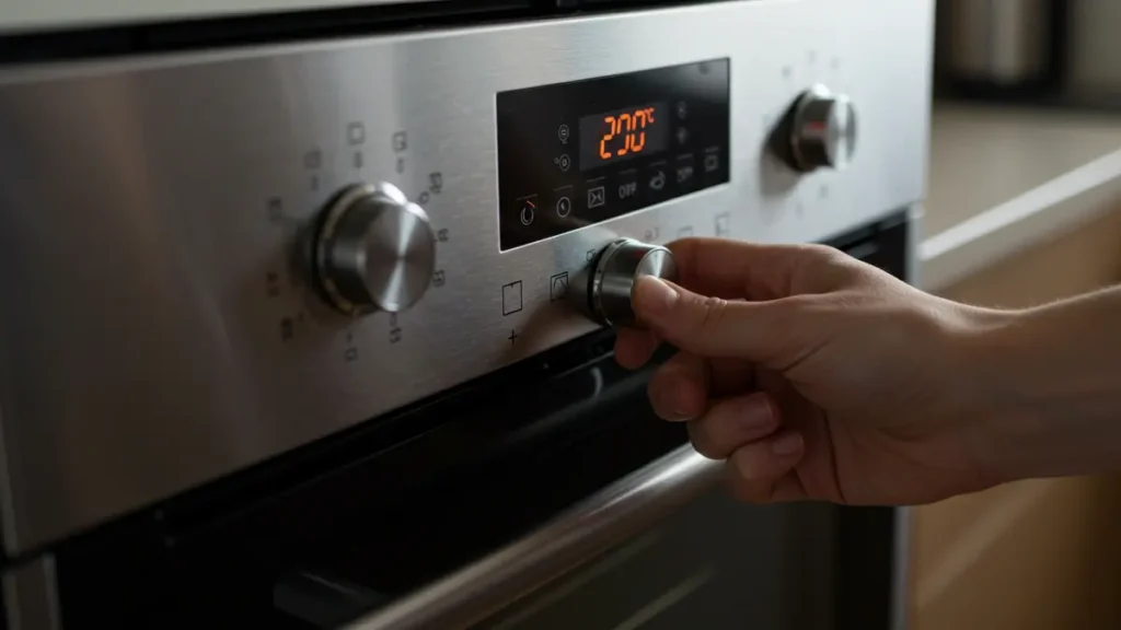 Main réglant la température du four à 200°C pour la cuisson du pain perdu au four