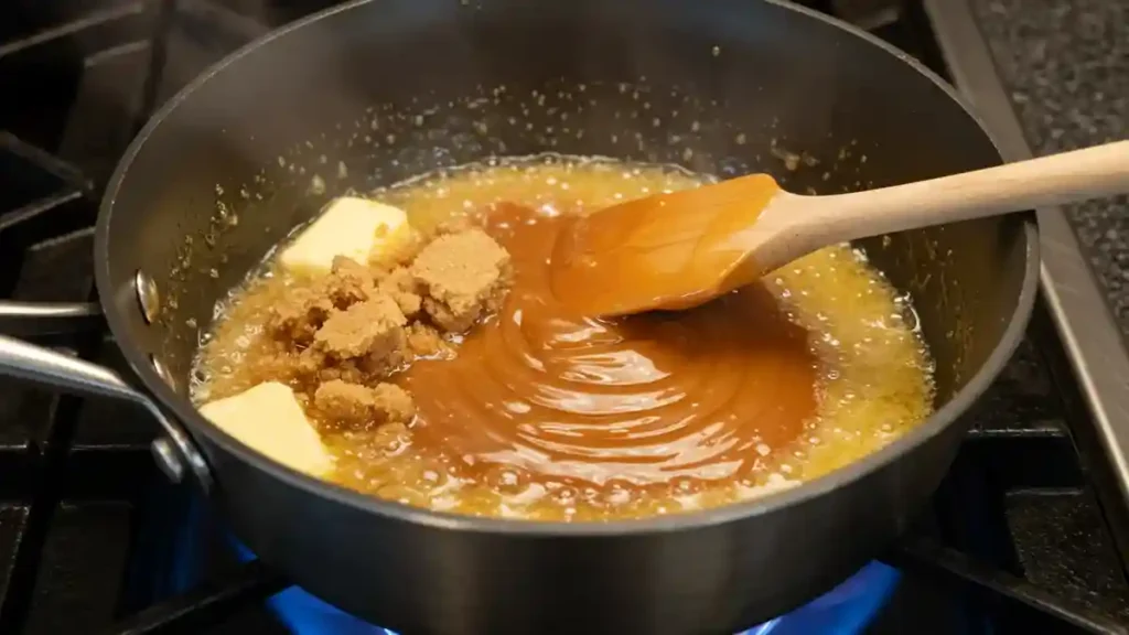 Caramel chaud versé sur du pain perdu au four dans un moule