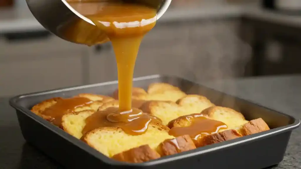 Caramel chaud versé sur du pain perdu au four dans un moule