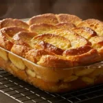Pain perdu au four doré et gonflé, fraîchement sorti du four dans un plat en verre